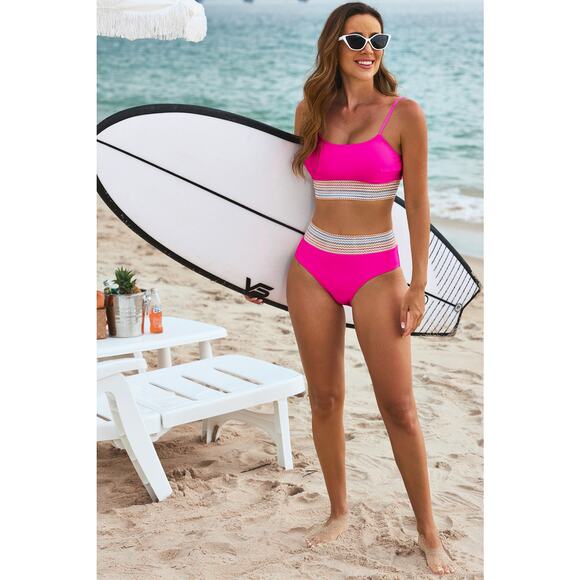 Rose Striped Patchwork Spaghetti Strap High Waist Bikini Swimsuit New S, M, L,XL - Picture 8 of 11